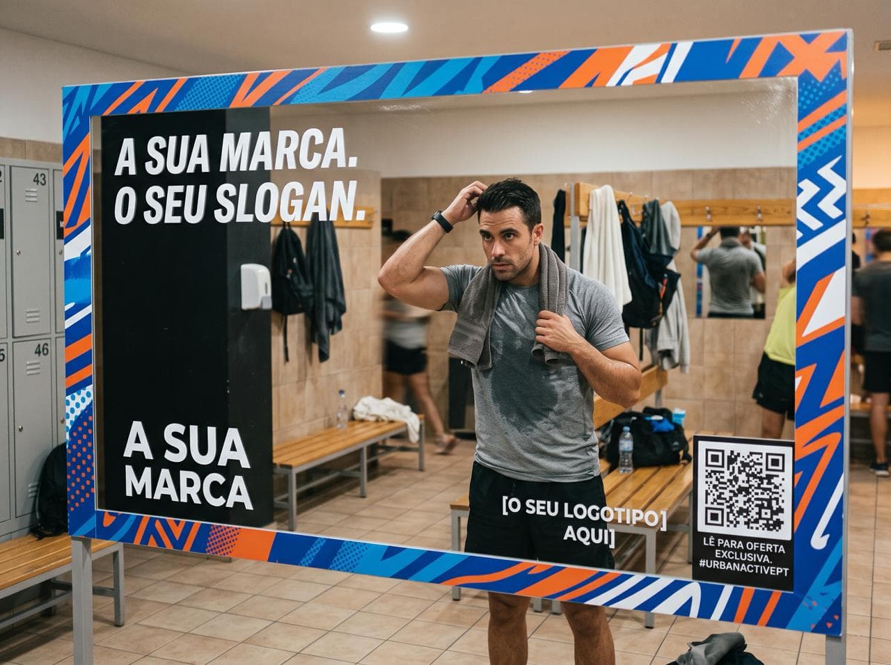 Moldura de marca instalada num balneário de ginásio, com espaço reservado para o logótipo e o slogan do anunciante e um código QR.