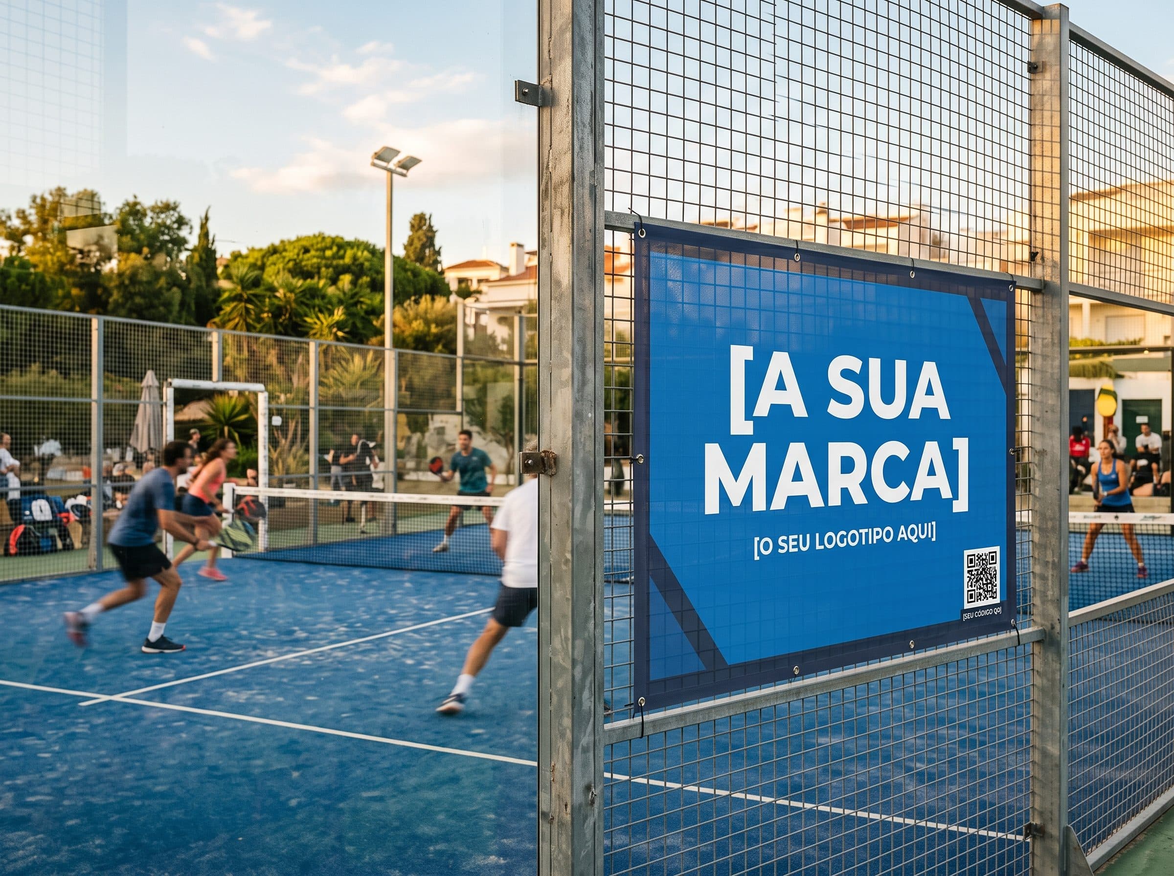 Lona na vedação de um campo de padel exterior, com área reservada à marca do anunciante.
