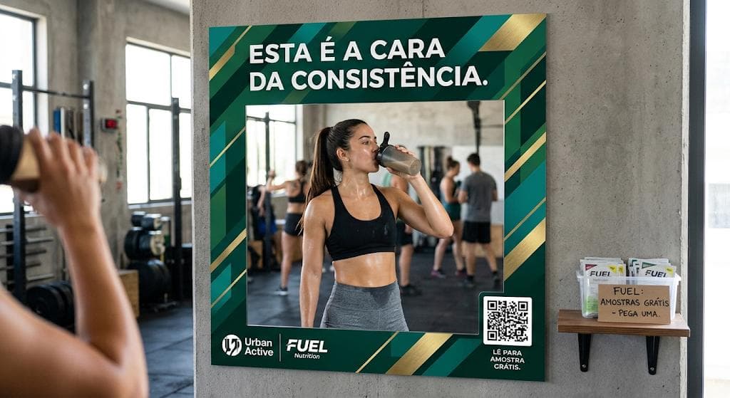 Painel de parede numa sala de treino, com área reservada à criatividade do anunciante e um suporte de amostras.