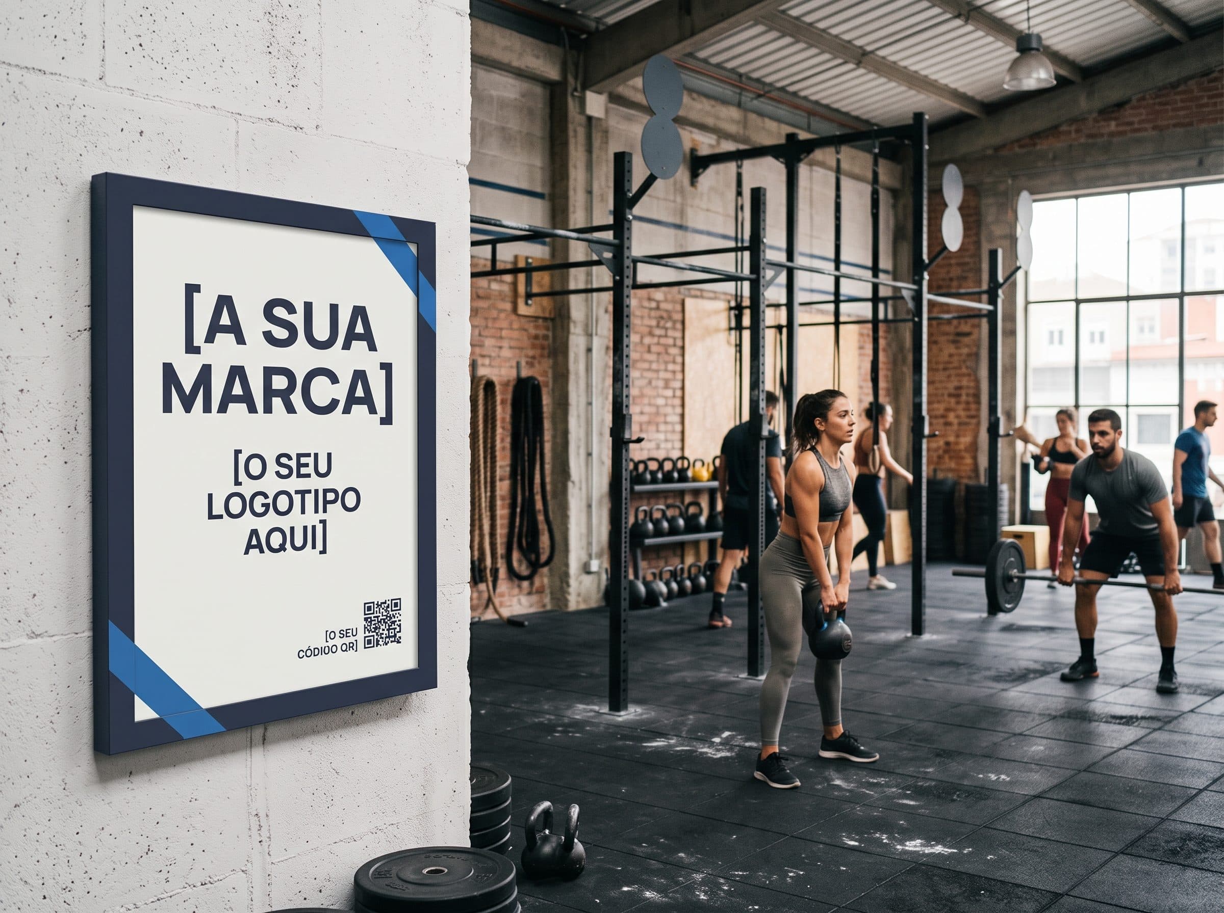 Quadro emoldurado na parede de uma sala de treino funcional, com área reservada ao logótipo do anunciante.