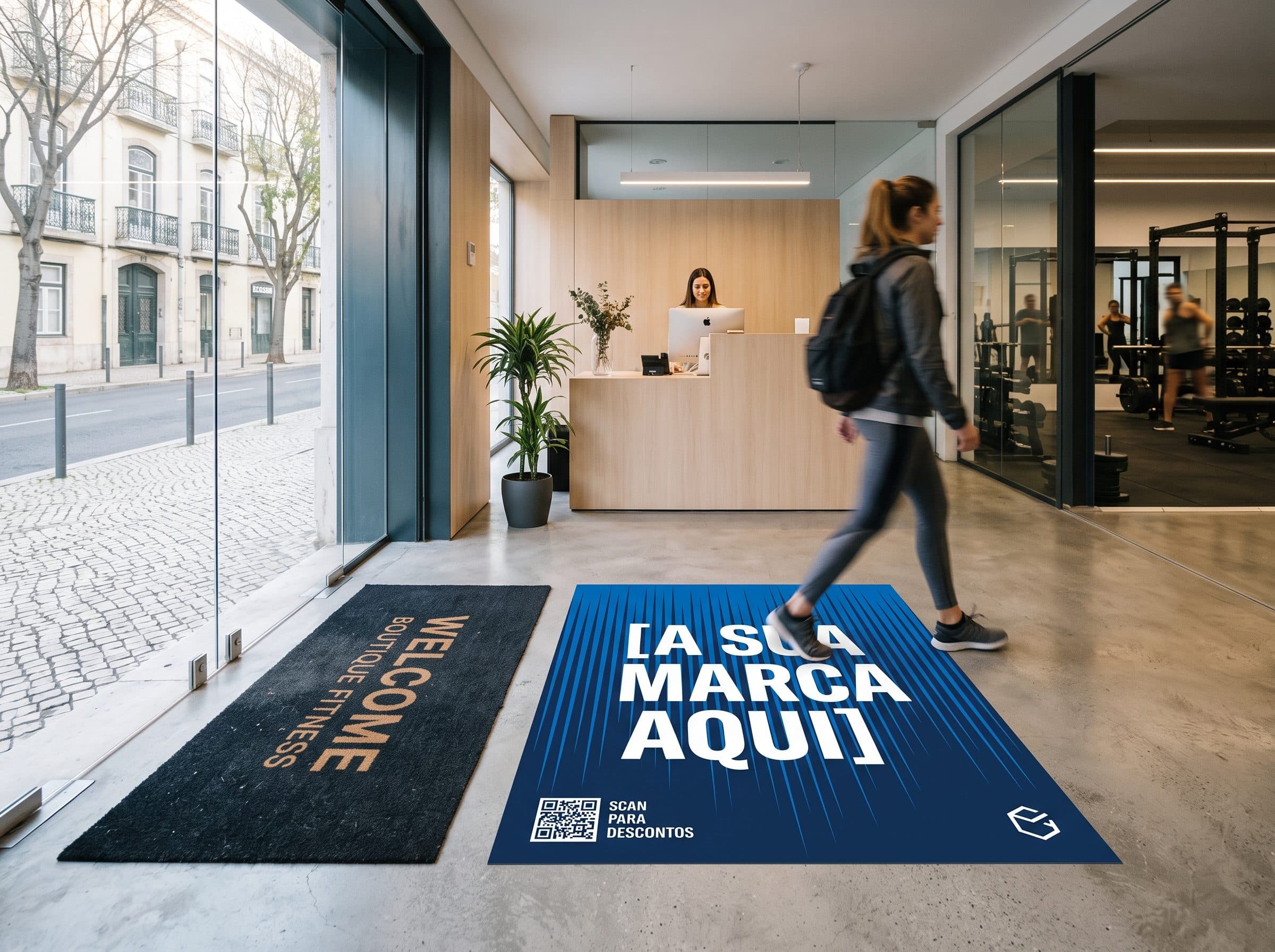 Tapete de marca à entrada de um espaço de fitness, com um código QR junto à receção.